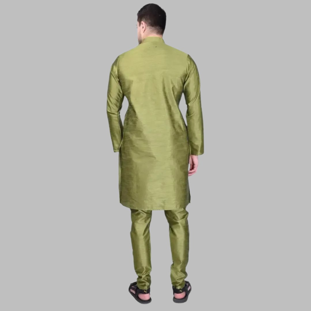 Stylish Silk Kurta & Bottom Set for Men
Size: M, L, XL, XXL
 Color:  Green
 Fabric:  Silk
 Type:  Kurta Sets
 Style:  Solid
 Design Type:  Kurta & Bottom Sets
This stylish silk kurta and bottom set for men combines comfort and elegance. Made from high-quality silk, it offers a luxurious feel and drapes effortlessly on the body. The intricate design and vibrant colors make it a perfect choice for any occasion. Upgrade your traditional wardrobe with